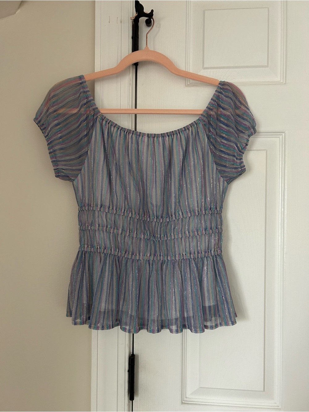 After Market Metallic Striped Smocked Puff Sleeve Peplum Top